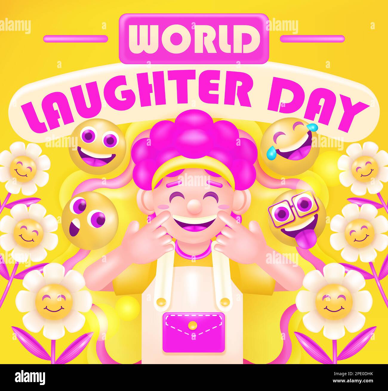 World laughter day. 3d vector happy girl with flower ornament and happy emoticons Stock Vector