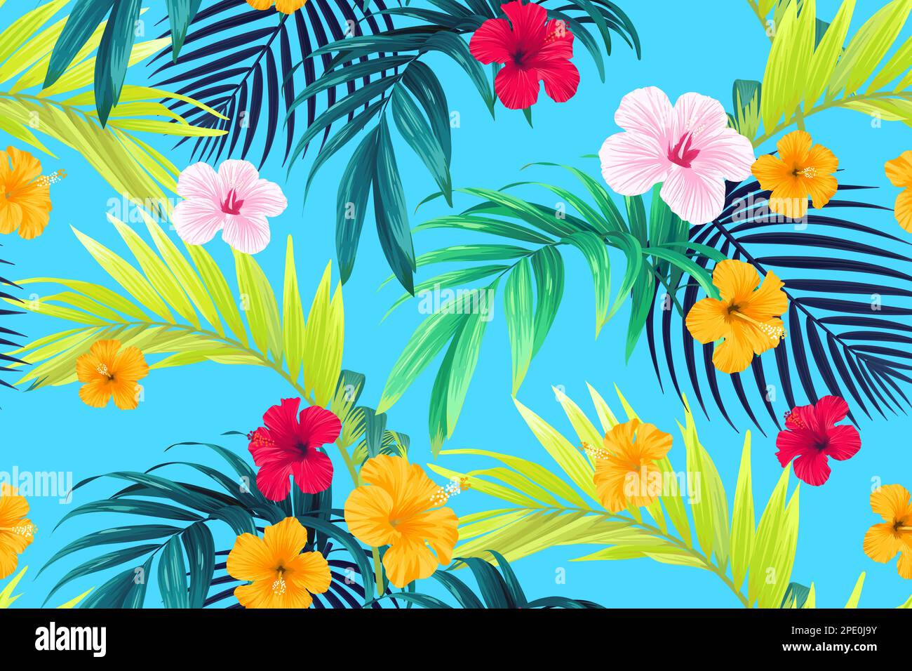 Tropical pattern with green palm leaves and hibiscus flowers. Summer ...