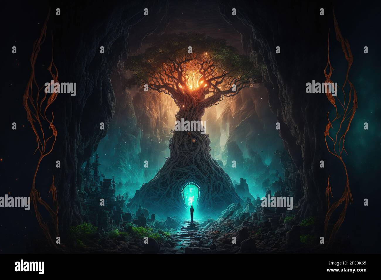 Sacred fantasy tree of life with afterlife portal gate leading to