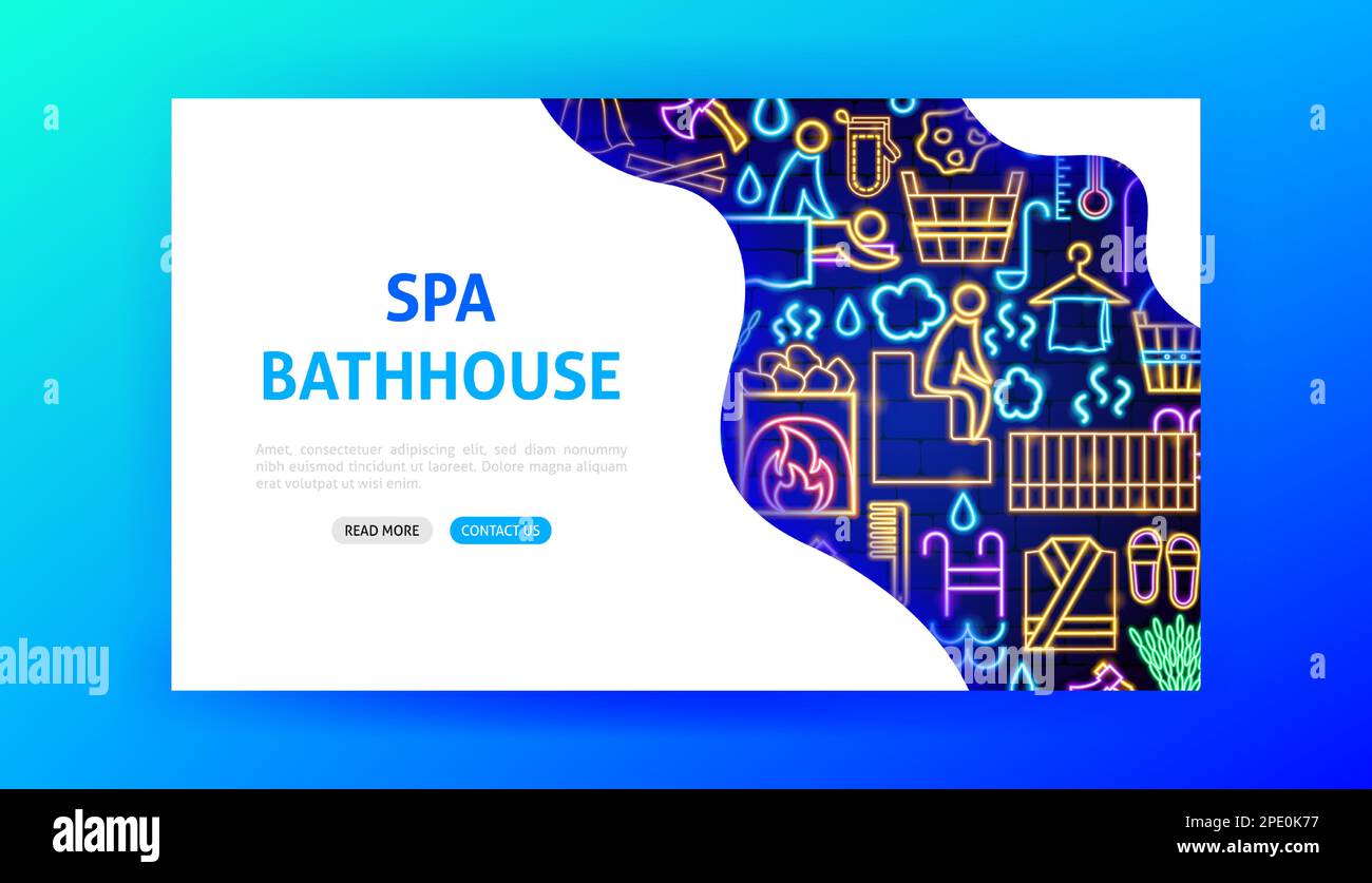 Spa Bathhouse Neon Landing Page Stock Vector