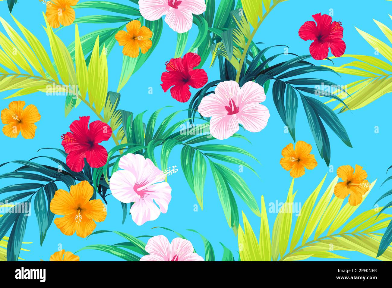 Tropical pattern with green palm leaves and hibiscus flowers
