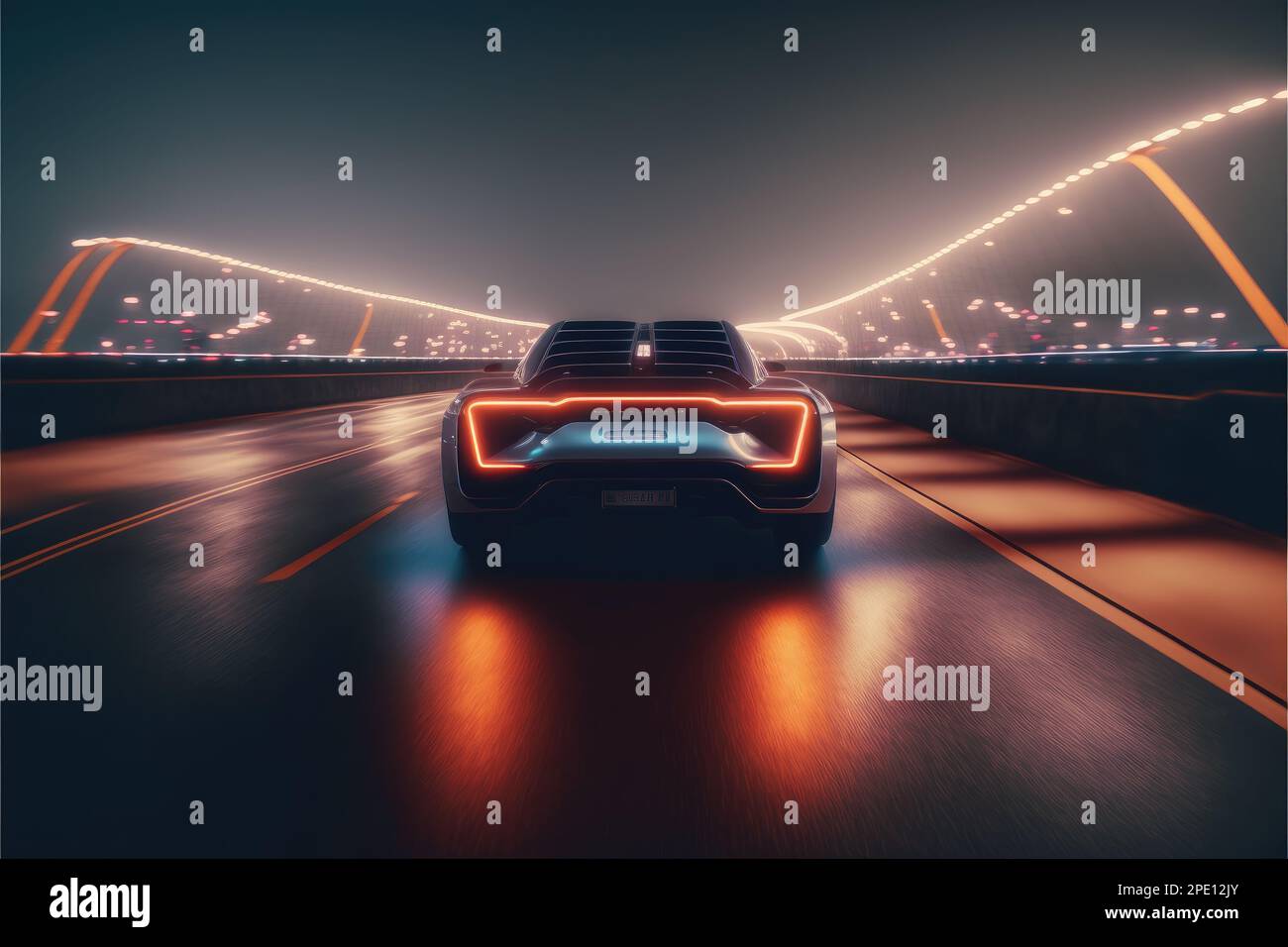 Cyber neon driving green power sport car with hybrid technology