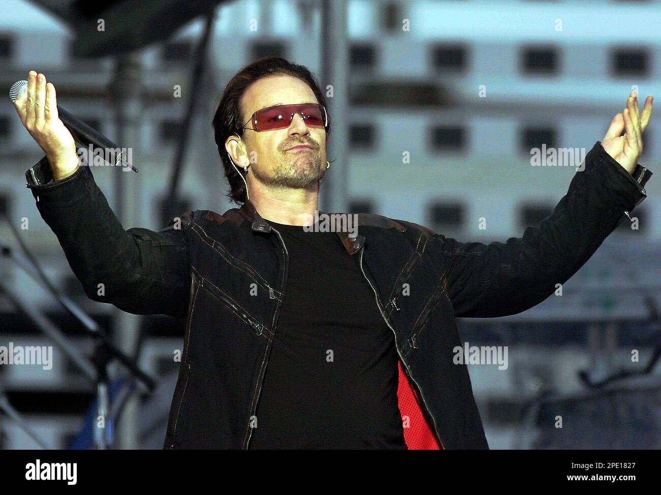 Singer Bono of Irish rock group U2 performs one stage during their