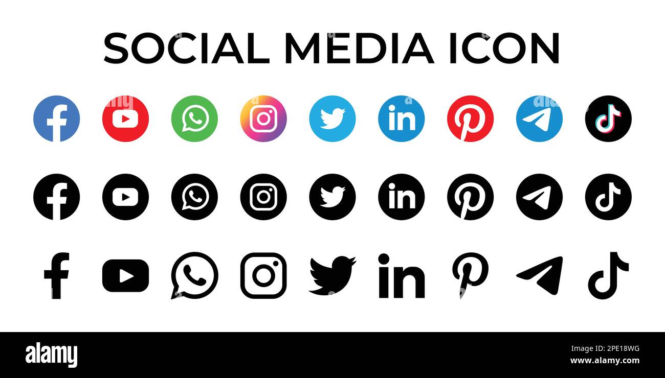 Collection of popular social media logo. Facebook, youtube, whatsapp, instagram, twitter, linkedin, pinterest, telegram, Tiktok. Stock Vector