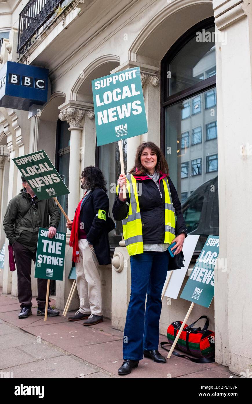 Brighton UK 15th March 2023 - Picket line outside the BBC offices in Queens Road Brighton as the NUJ are in dispute over cuts in local radio . NUJ members working across England for BBC Local are on a 24-hour strike affecting coverage of the Budget  : Credit Simon Dack / Alamy Live News Stock Photo