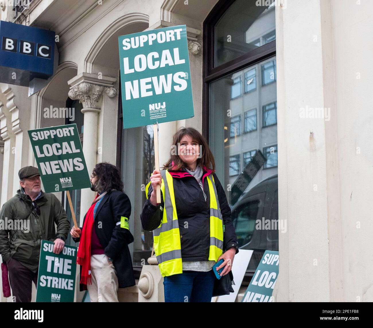 Brighton UK 15th March 2023 - Picket line outside the BBC offices in Queens Road Brighton as the NUJ are in dispute over cuts in local radio . NUJ members working across England for BBC Local are on a 24-hour strike affecting coverage of the Budget  : Credit Simon Dack / Alamy Live News Stock Photo