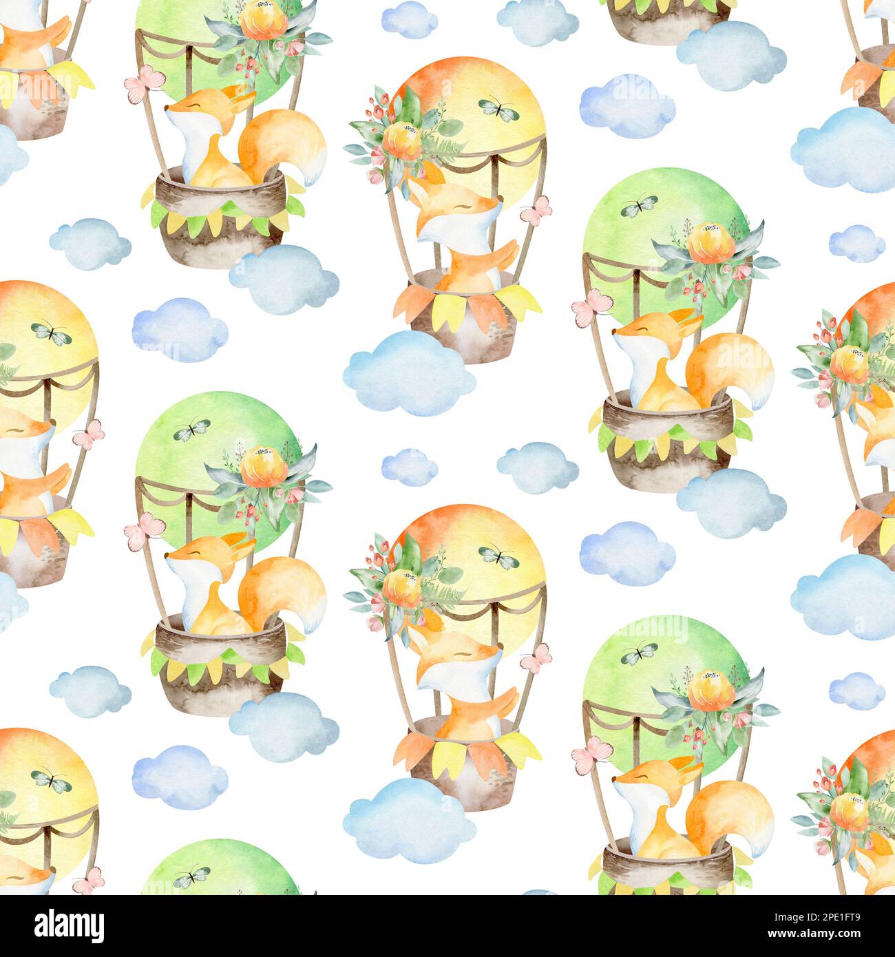 Watercolor seamless pattern cartoon little fox in a hot air balloon. for fabric, textile, baby design, packaging Stock Photo