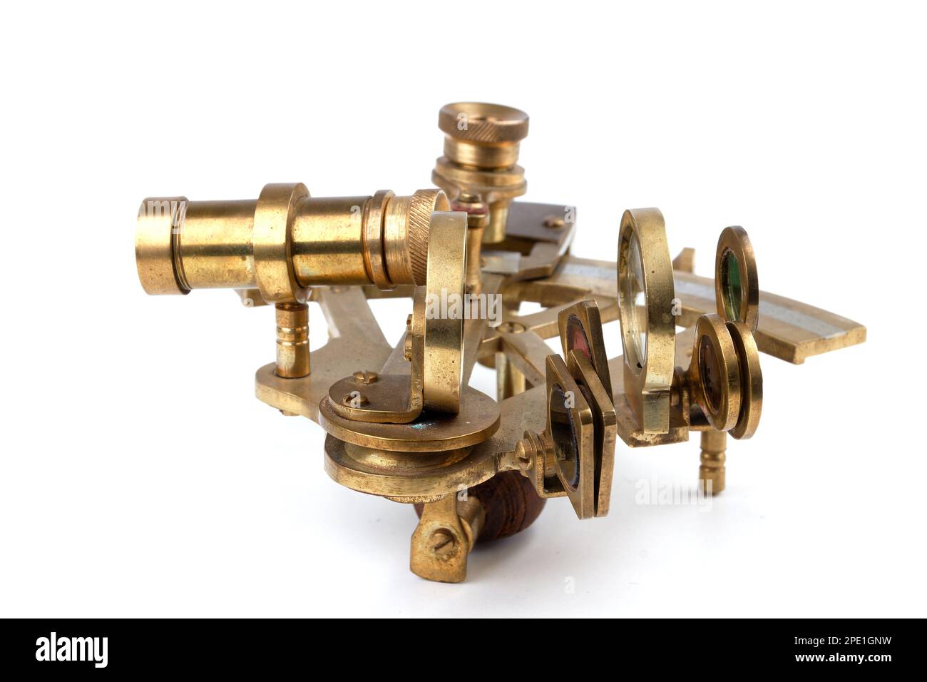 detailed view of a old nautical sextant with optics isolated on white ...
