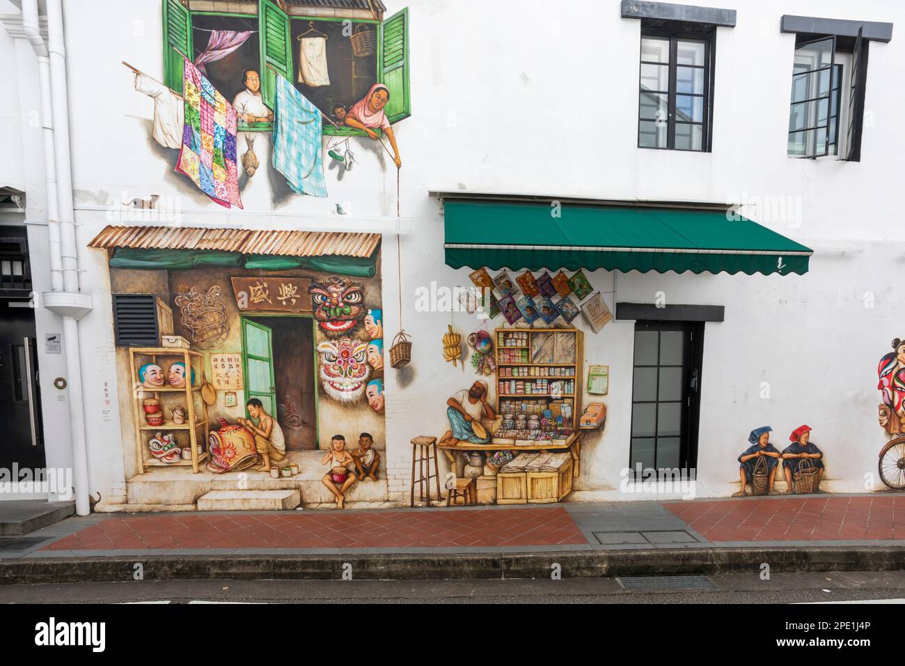 Wall art by street artist Yip yew Cheong in Chinatown, Singapore Stock