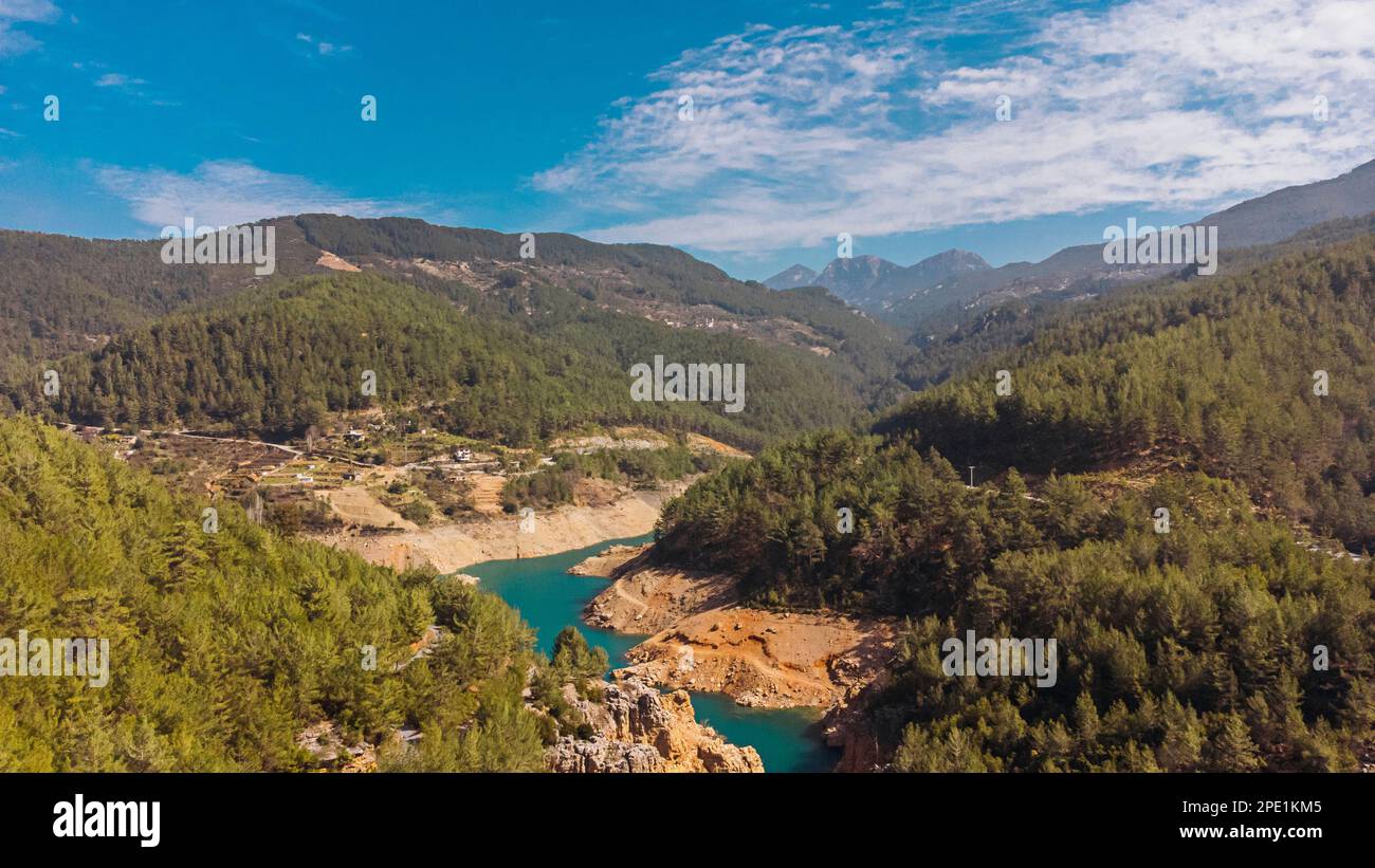 Stunning bird's-eye view of the Dimchai River and mountain ranges Stock ...