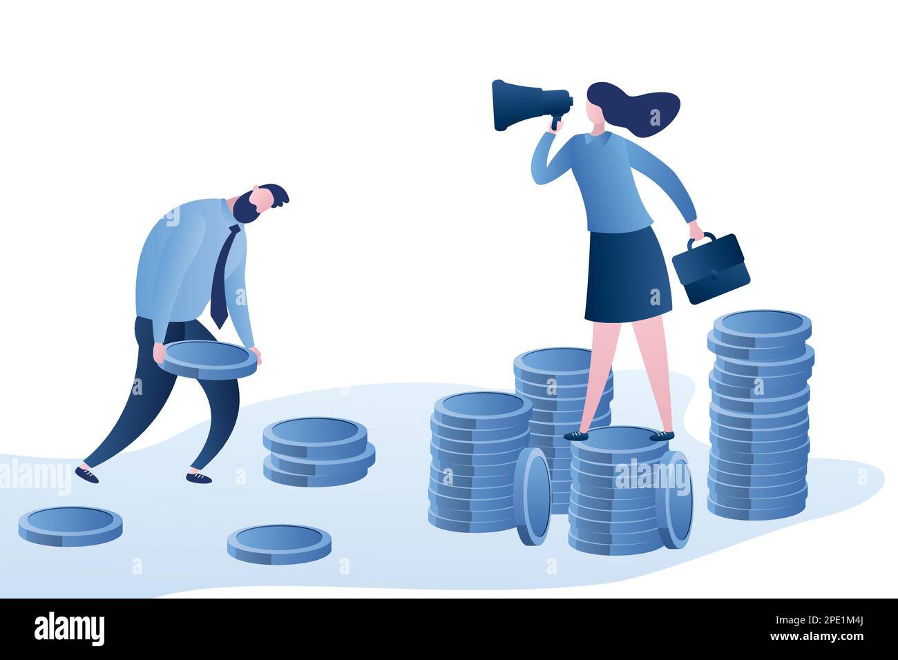 Businesswoman boss standing on stacks of coins and unhappy employee carries coins.Company Relationships concept,low pay and business slavery. Trendy s Stock Vector