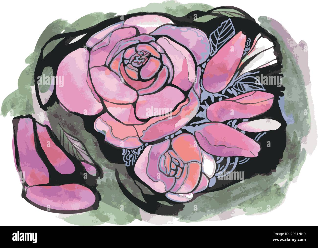 Elegant flower arrangement of line art peonies and leaves. Handdrawn peony flowers. Design