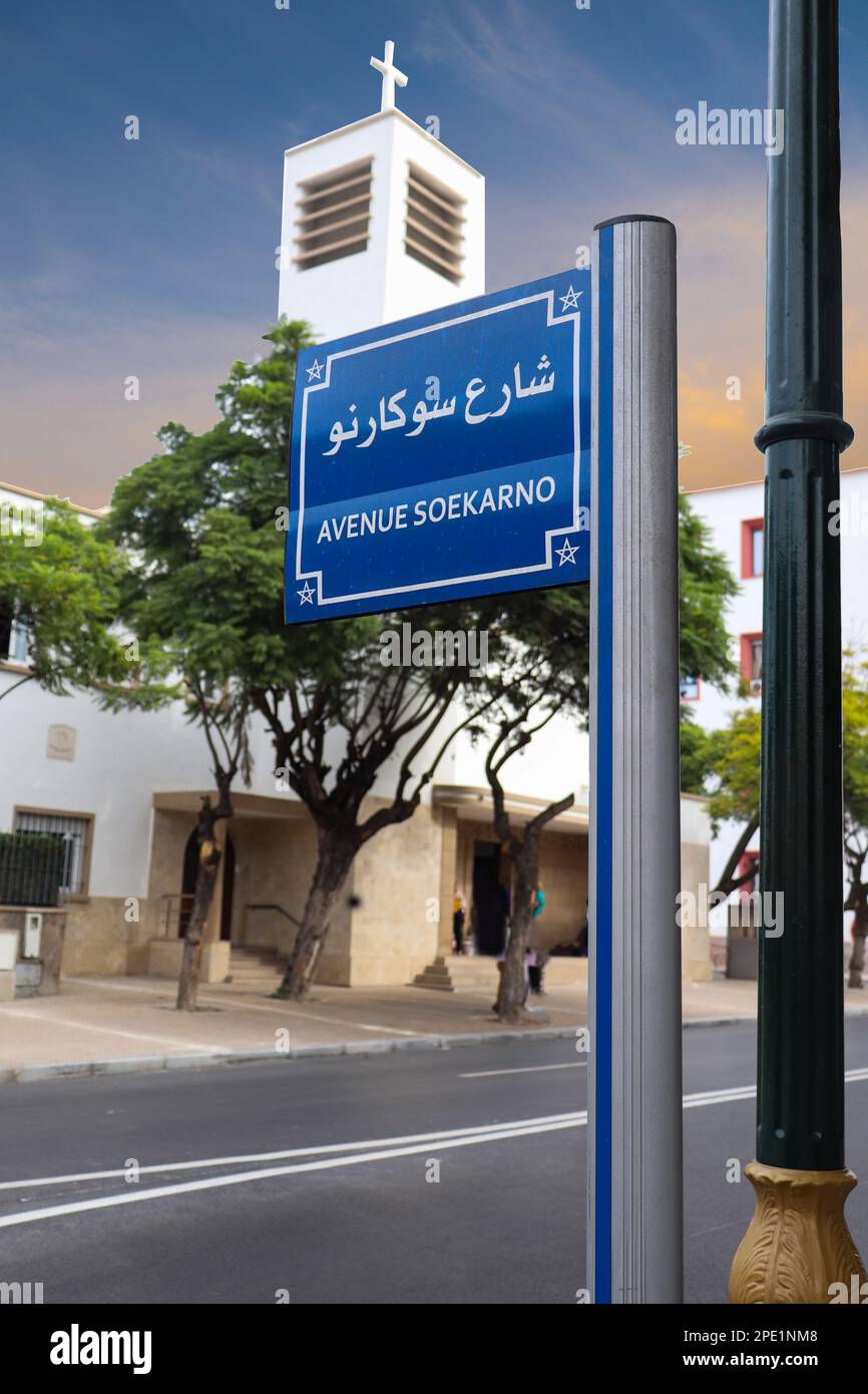 Street Name Sign Named After Indonesian First President in Rabat, Morocco to Celebrate the 2 Nations Diplomatic Relationship Stock Photo