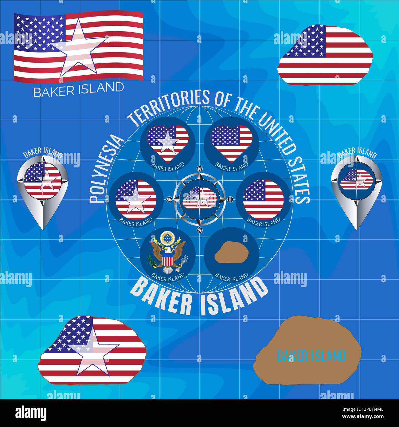 Set of illustrations of flag, contour map, money, icons of BAKER ISLAND