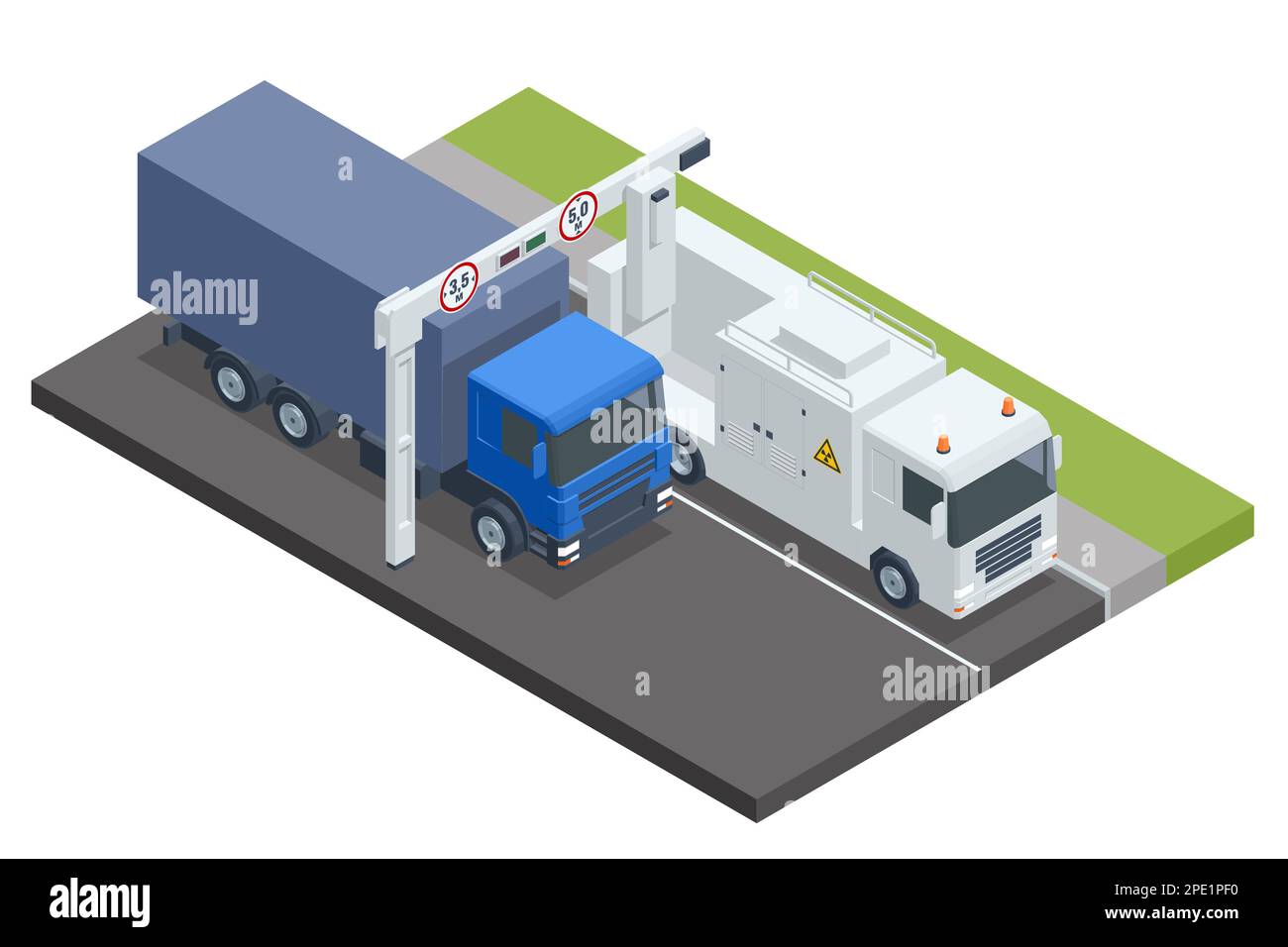 Isometric cargo vehicle is going through a mobile xray control. Mobile