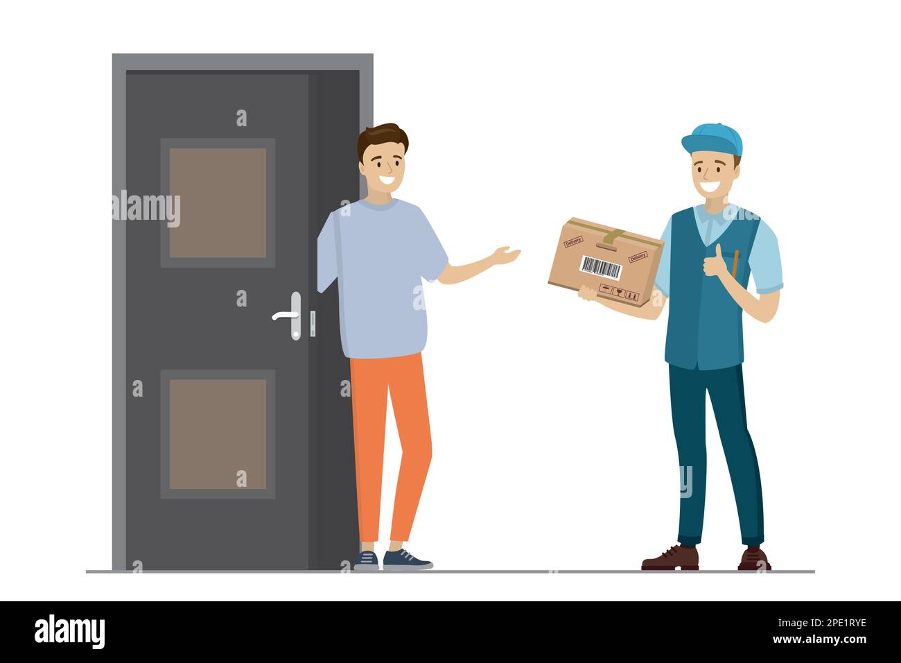 Cartoon casual man near door and happy delivery man with box,isolated on white background. Delivery background. Flat vector illustration. Stock Vector