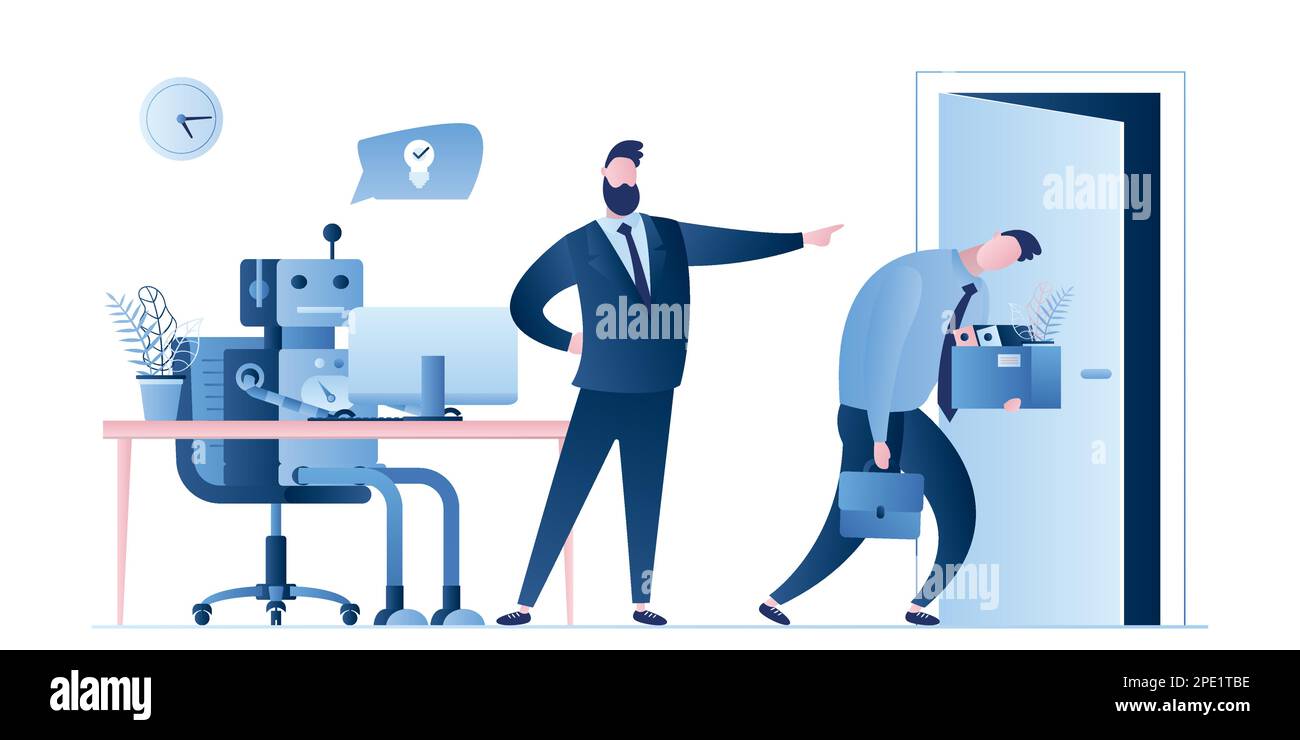 New robot on workplace and businessman dismissed man worker. Boss fire male employee. Business people characters and signs in trendy style. Artificial Stock Vector