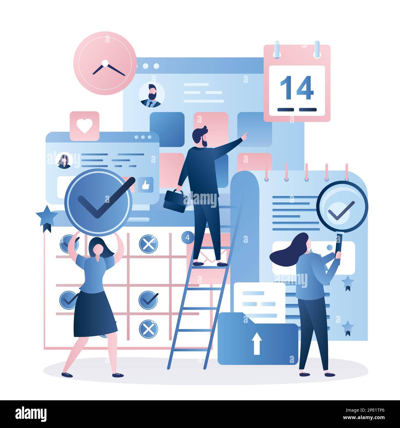 Business signs and icons. Office day and business daily planner. Schedule and to do list. Business people and big timetable. Time management and teamw Stock Vector