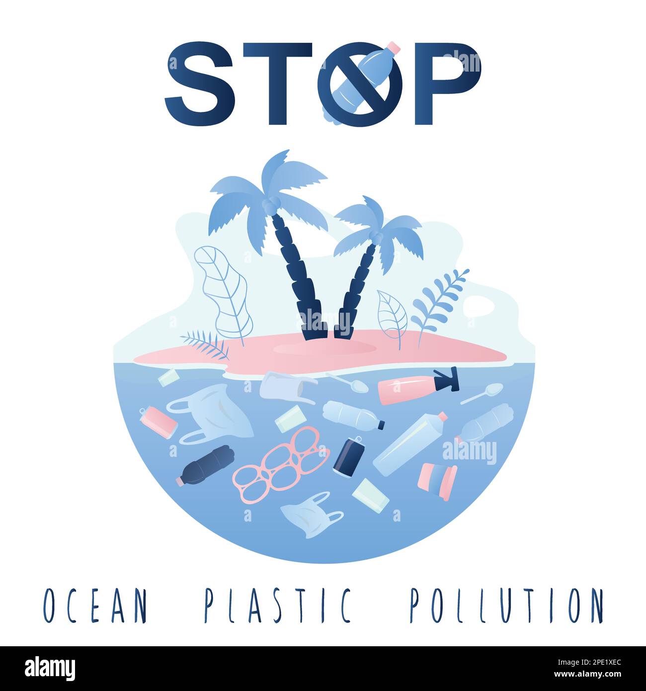 Ocean tropical island with palm trees and various floating plastic garbage in water. Stop ocean plastic pollution text,web banner or card template. Tr Stock Vector