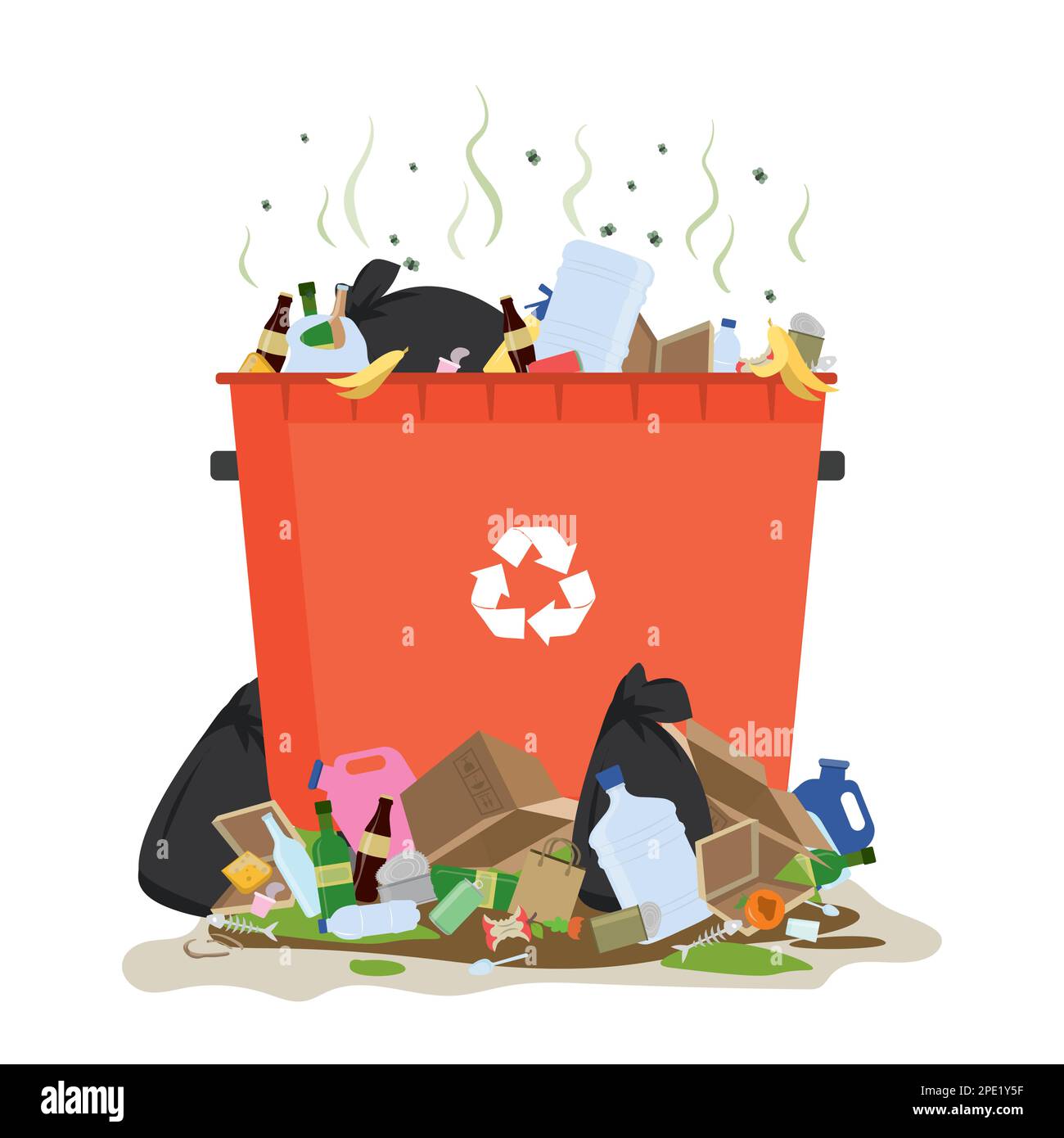 Trash can with piles of garbage. Dirty trash on the floor. Bad smell