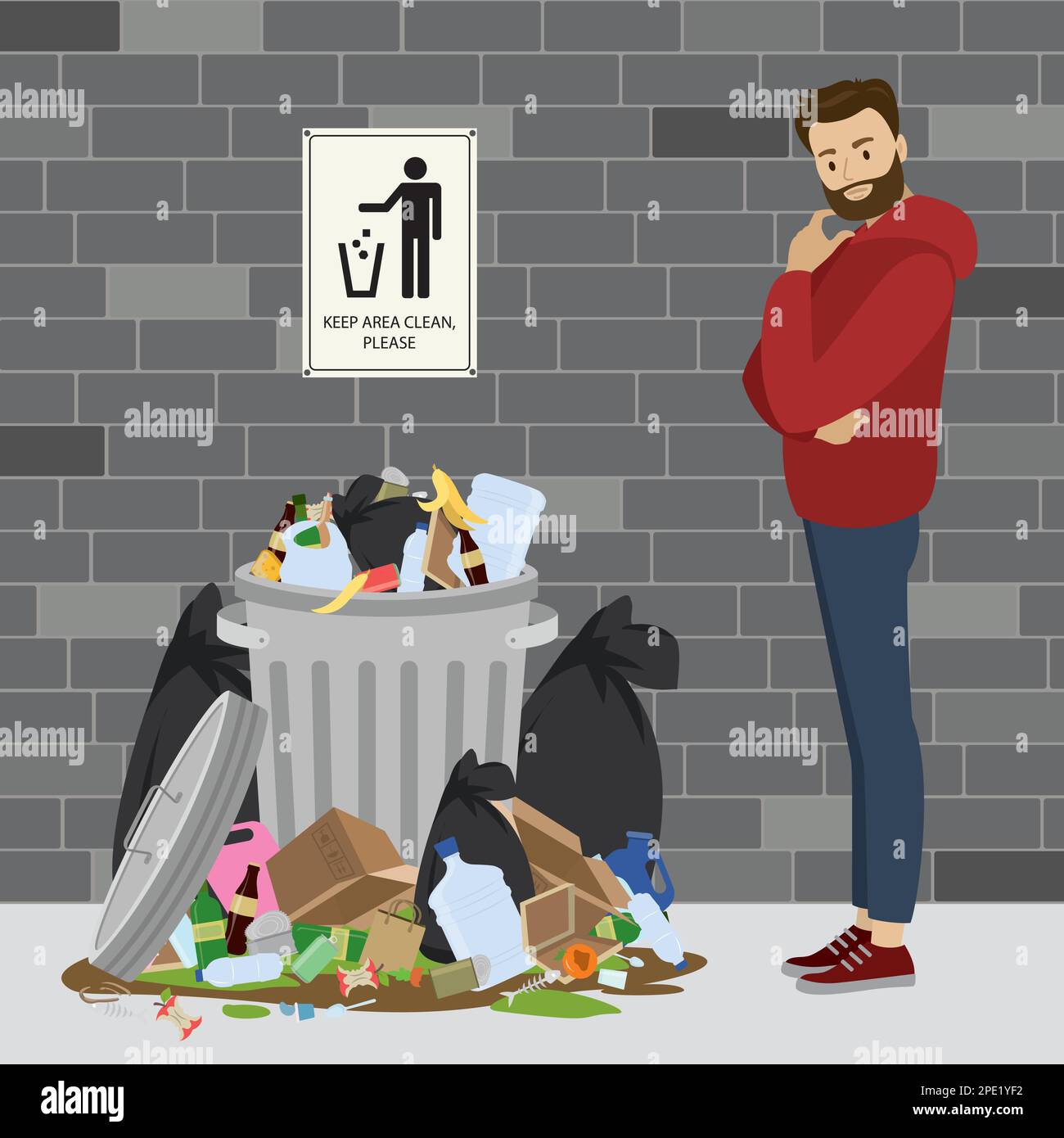 Trash can with piles of garbage. Dirty trash on the floor and disappointment male character.Sign - do not litter. Building wall on background.Cartoon Stock Vector