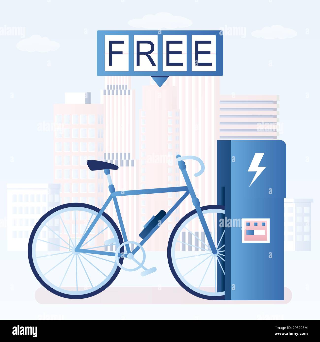 Modern electric bike and charging station.Free charge and green technology concept. Eco vehicle in trendy style. Urban view on background. Flat vector Stock Vector