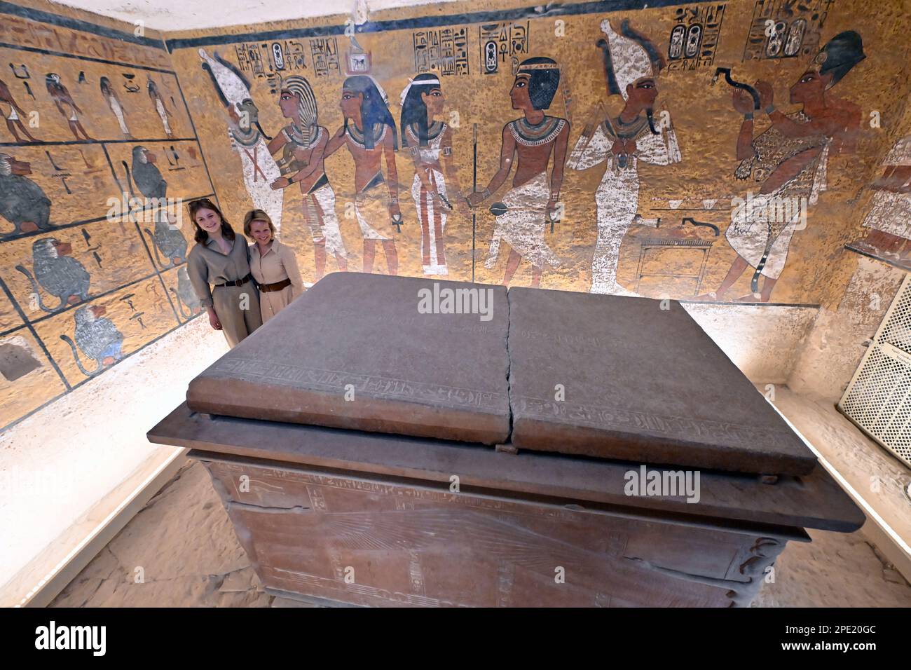 Thebes, Egypt, Wednesday 15 March 2023. Queen Mathilde of Belgium and Crown Princess Elisabeth pictured during a visit to the Tomb of Tutankhamon, on the second day of a royal visit to Egypt, from 14 to 16 March, in the Valley of the Kings, in Luxor, Egypt, Wednesday 15 March 2023. The Queen and the Crown Princess are in the country for an official three-day trip. They undertake the same trip to Egypt that Queen Elisabeth (the wife of King Albert I) and her son Leopold - later King Leopold III - did exactly 100 years ago. BELGA PHOTO ERIC LALMAND Stock Photo