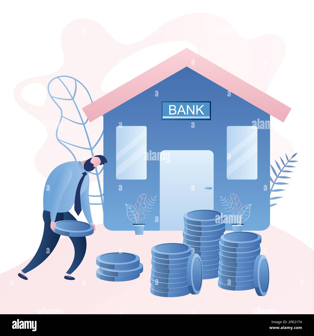 Unhappy businessman carries coins to the bank building. Loan repayment or bank slavery concept. Male character in trendy style. Vector illustration Stock Vector