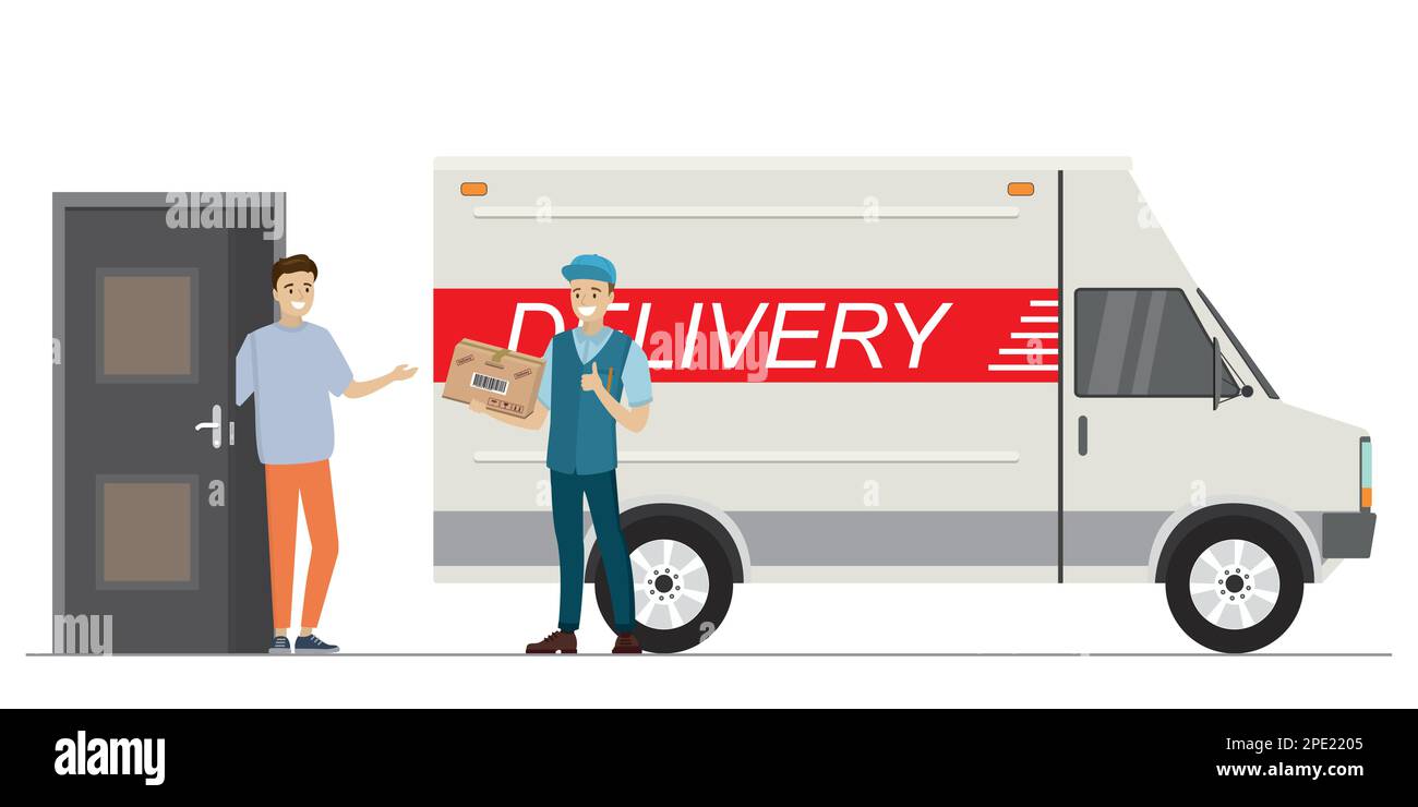 Cartoon casual man near door and deliveryman in uniform with parcel. Male characters and delivery truck transport isolated on white background. Flat v Stock Vector
