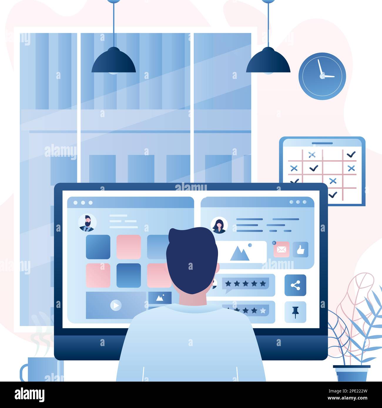 Man back view sits in front of the monitor screen. Social network chatting and work process. Office day concept background. Office room interior with Stock Vector