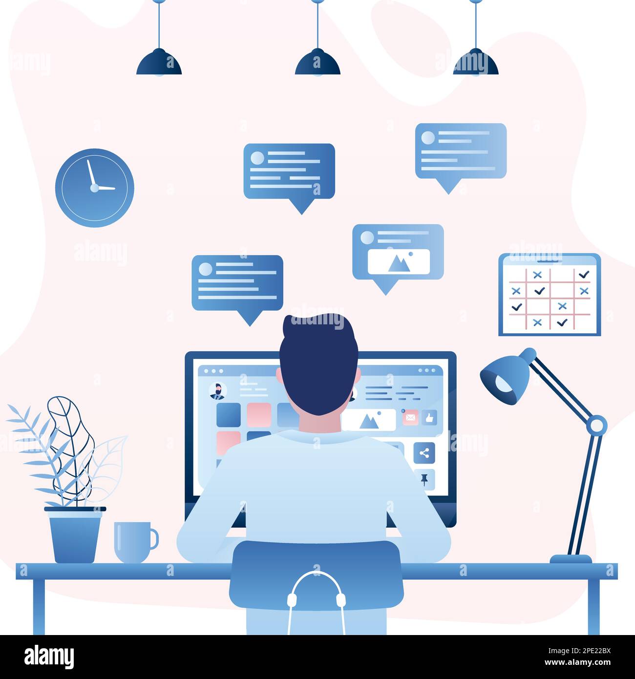 Male back view sits in front of the monitor screen. Social network chatting with speech bubbles. Office day concept background. Office room interior w Stock Vector