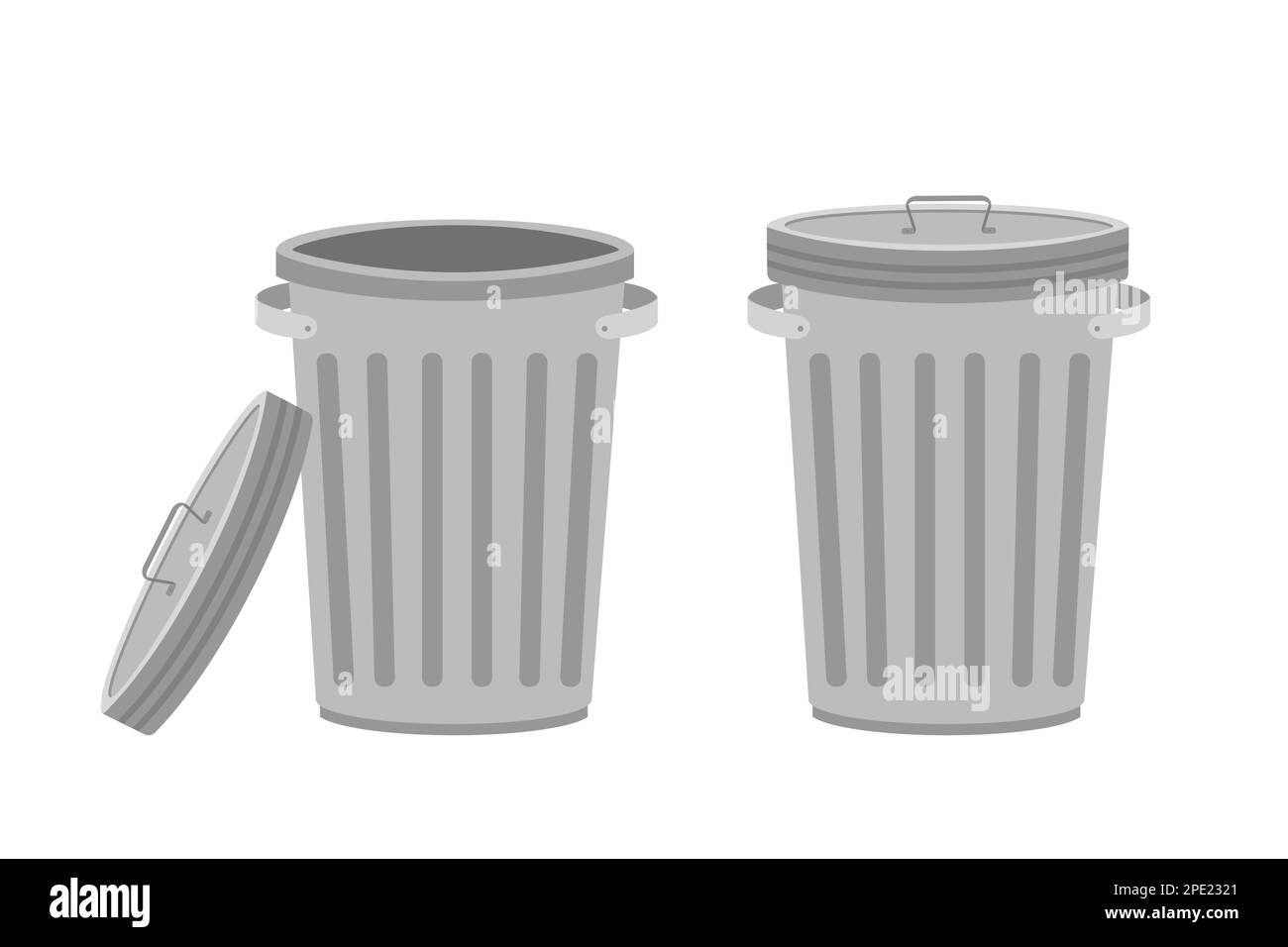 Metal trash can. Garbage cans with open and closed cover. Isolated on