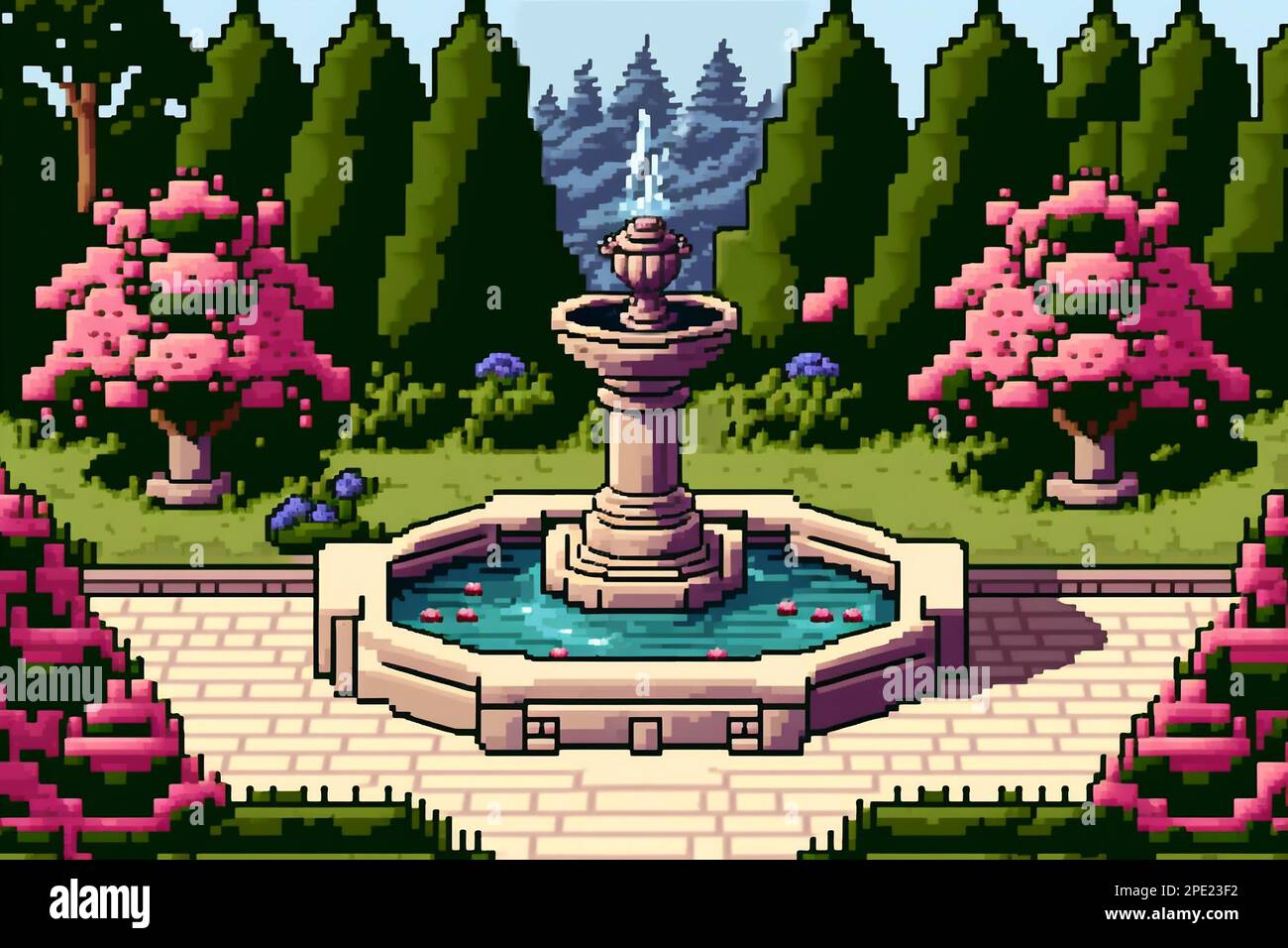 Pixel art game background with fountain and pink roses in an English garden. Generative AI. Stock Photo