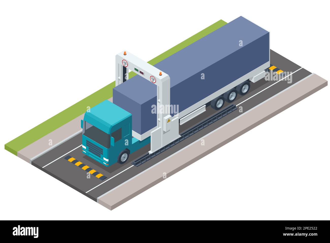 Isometric cargo vehicle is going through a mobile xray control. Mobile