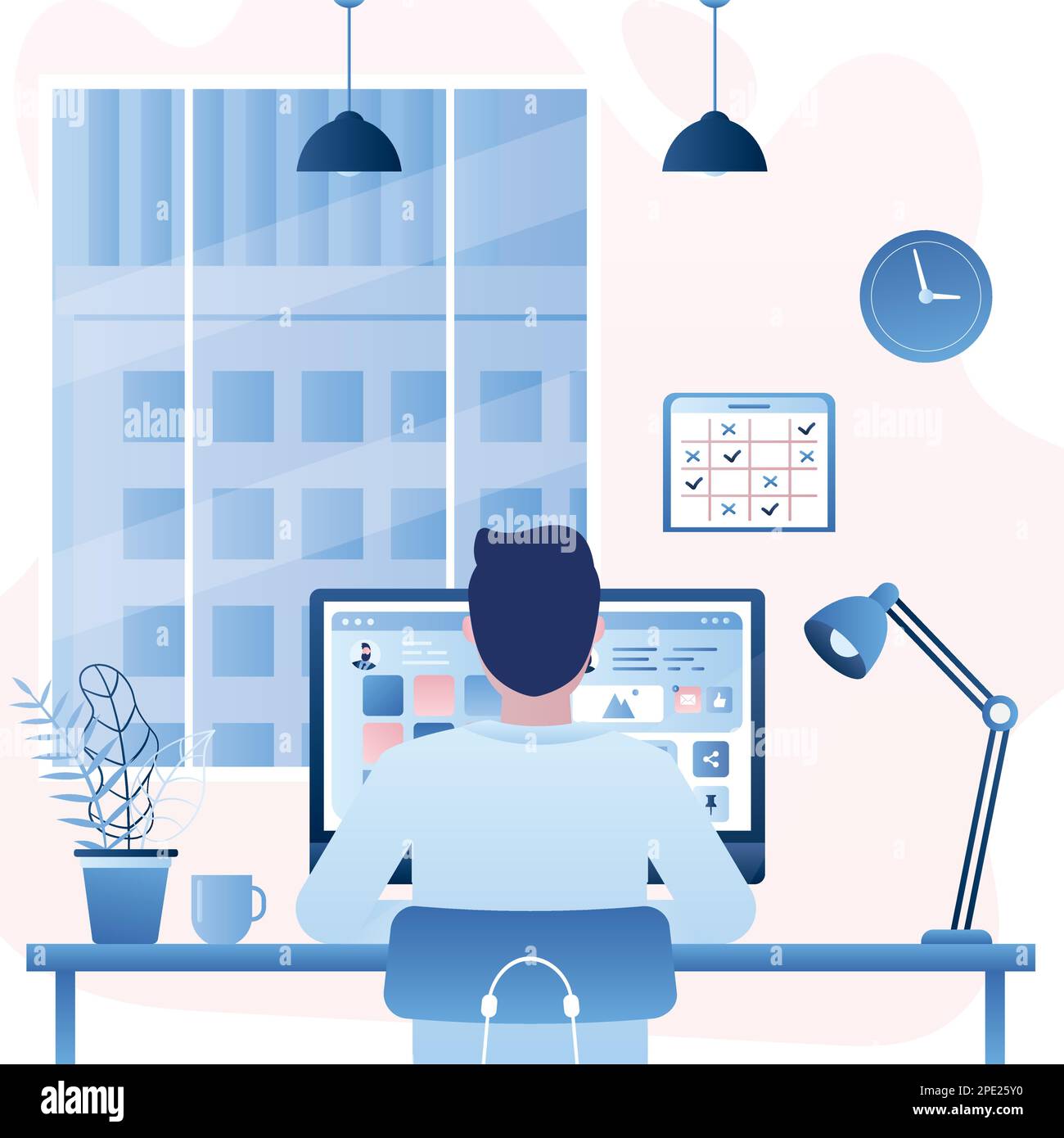 Man back view sits in front of the monitor screen. Social network chatting and work process. Office day concept background. Office room interior with Stock Vector
