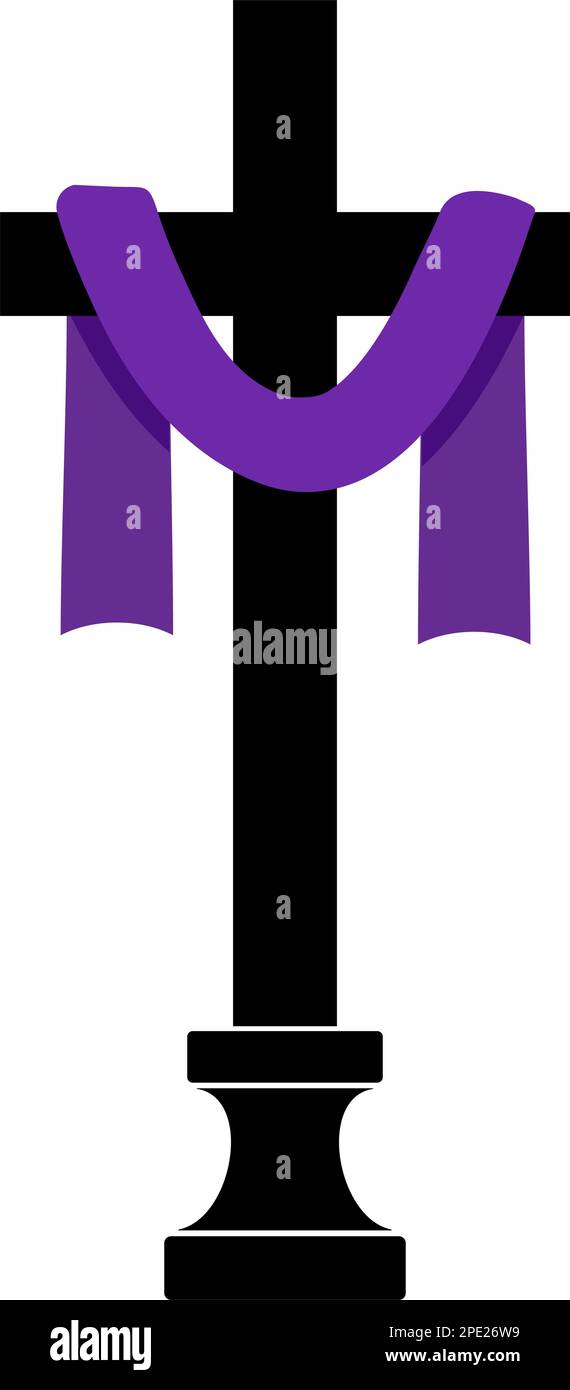 Christian cross with purple fabric icon. Holy Week symbol. Flat vector illustration Stock Vector