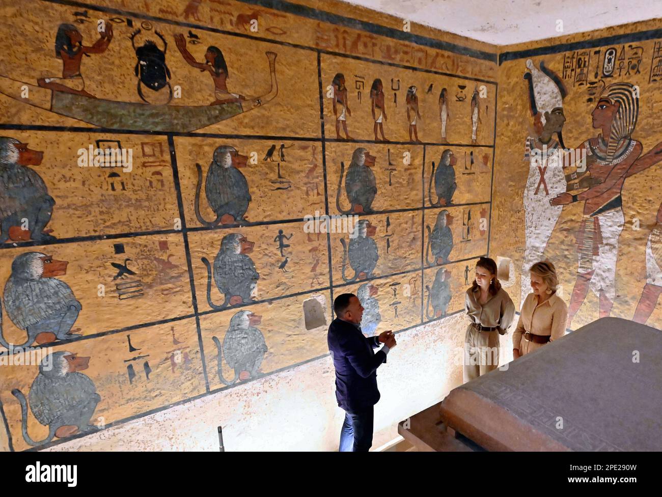 Thebes, Egypt, Wednesday 15 March 2023. Queen Mathilde of Belgium and Crown Princess Elisabeth pictured during a visit to the Tomb of Tutankhamon, on the second day of a royal visit to Egypt, from 14 to 16 March, in the Valley of the Kings, in Luxor, Egypt, Wednesday 15 March 2023. The Queen and the Crown Princess are in the country for an official three-day trip. They undertake the same trip to Egypt that Queen Elisabeth (the wife of King Albert I) and her son Leopold - later King Leopold III - did exactly 100 years ago. BELGA PHOTO ERIC LALMAND Stock Photo