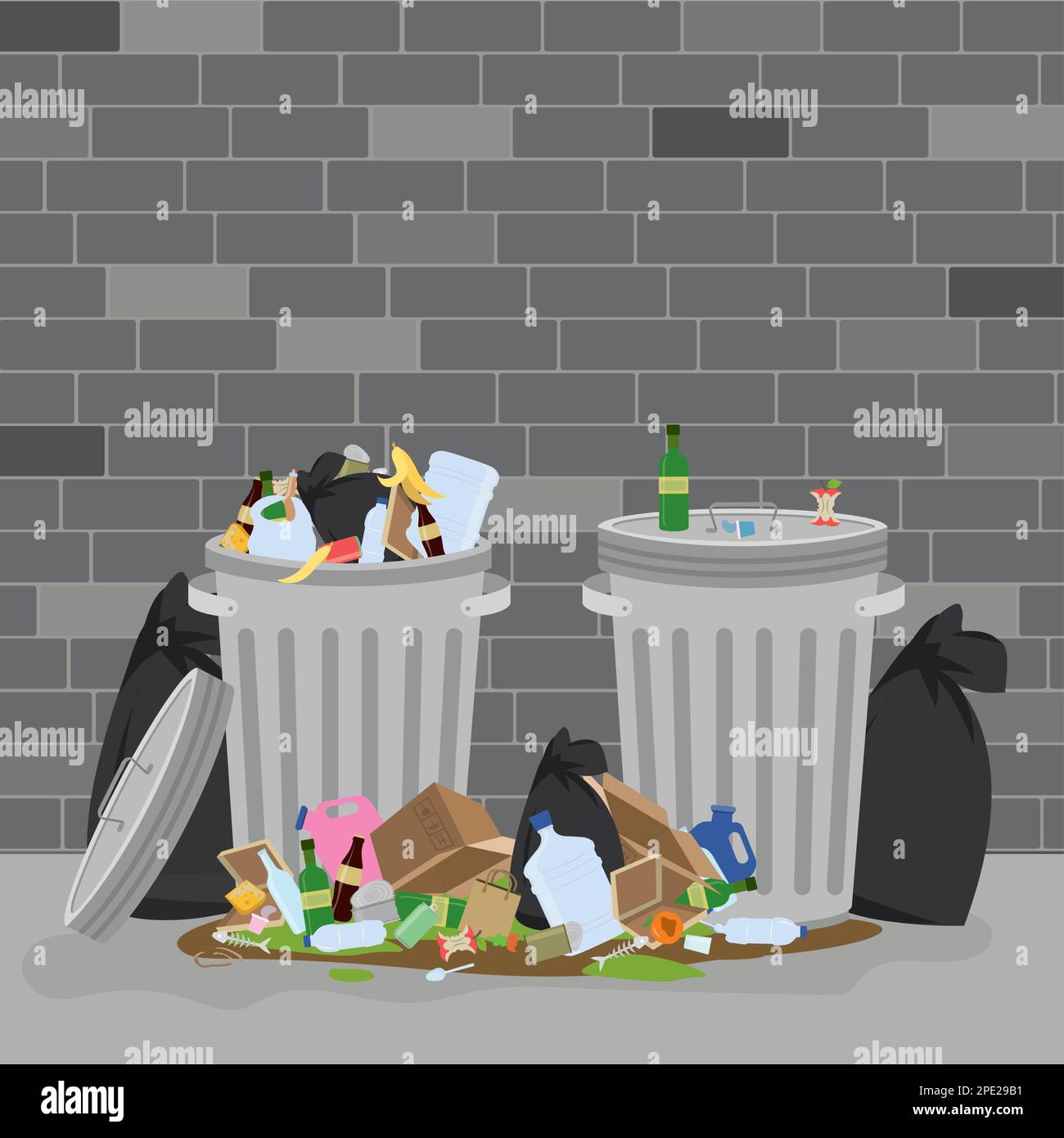 Two metal trash cans with piles of garbage. Dirty trash and garbage