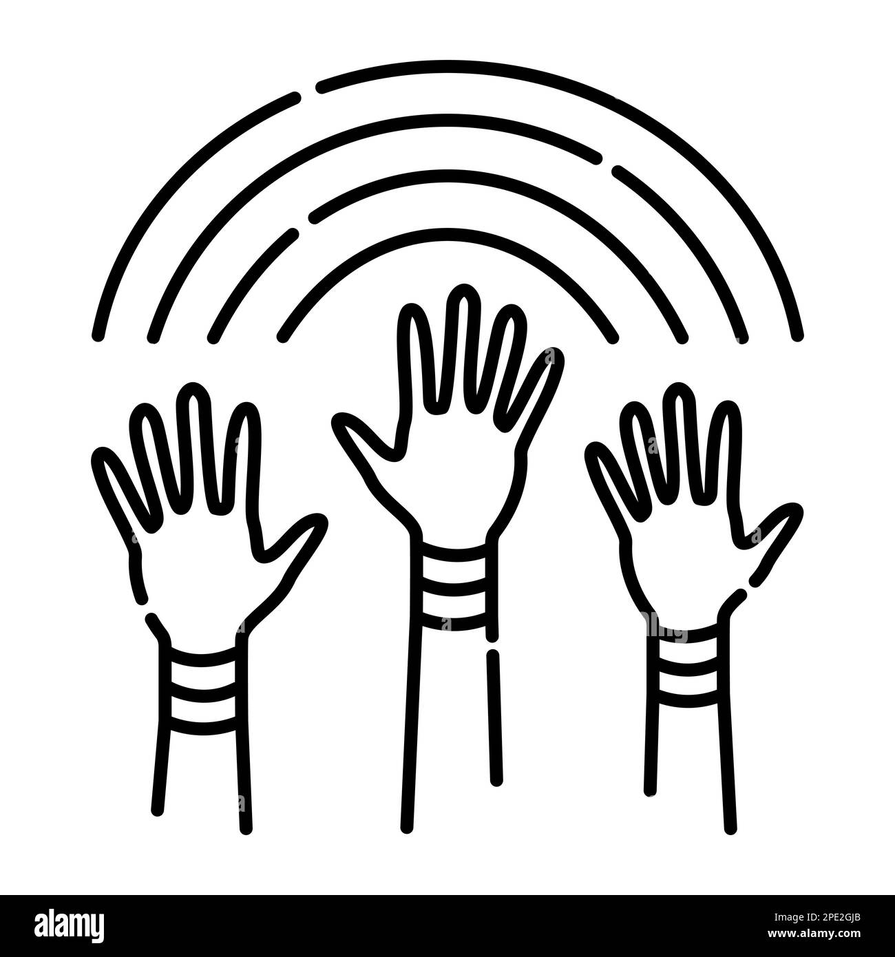The symbol of lgbt love, hands up to rainbow, vector black line illustration Stock Vector