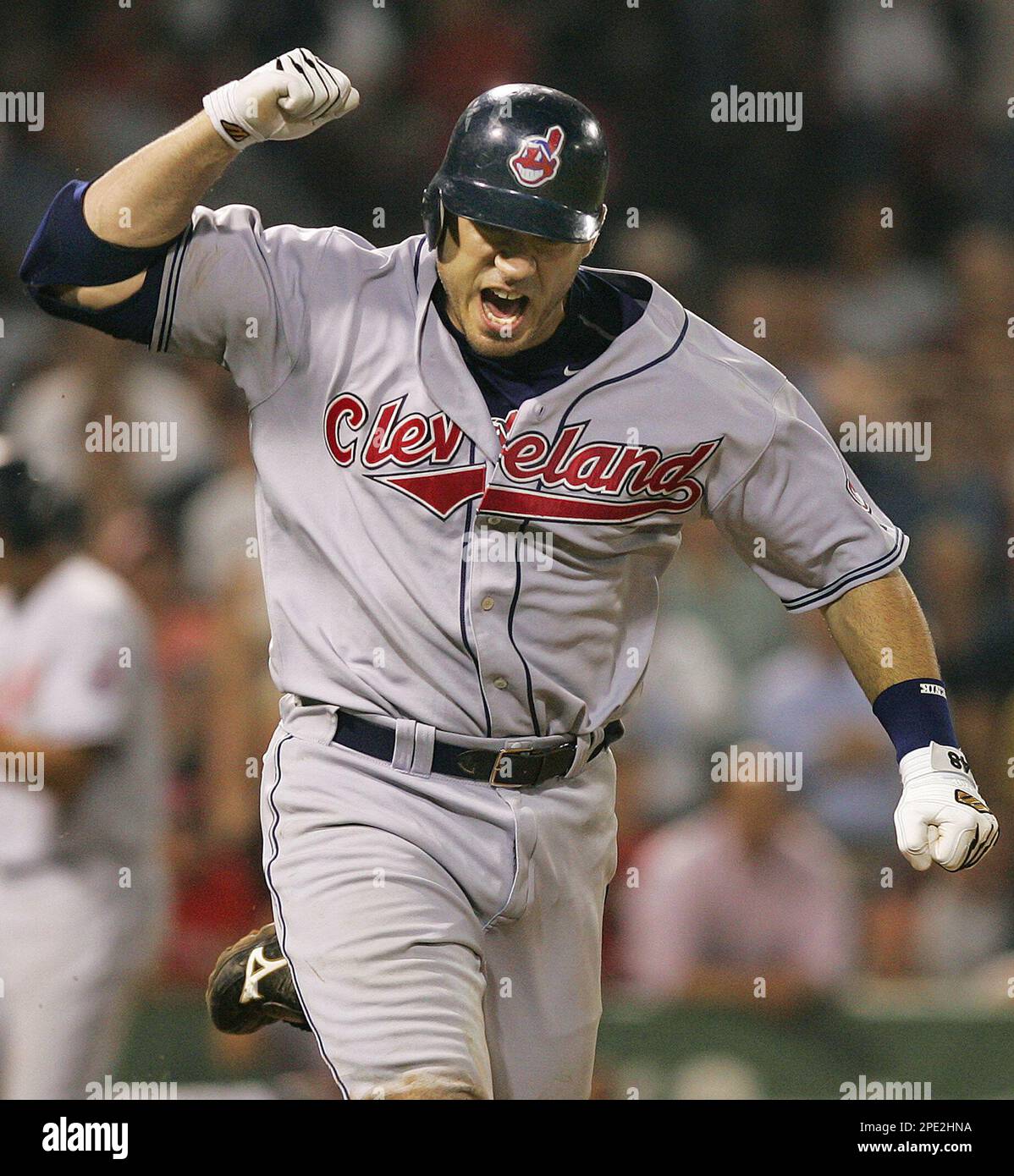 Cleveland Indians' Travis Hafner celebrates his grand slam home run off of  Boston Red Sox relief pitcher Kevin Foulke during the ninth inning at  Fenway Park in Boston Tuesday, June 28, 2005.