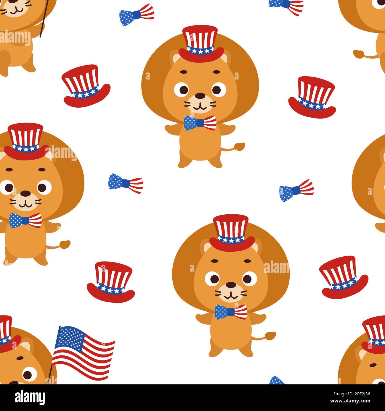 Cute little lion in USA patriotic hat seamless childish pattern. Funny ...