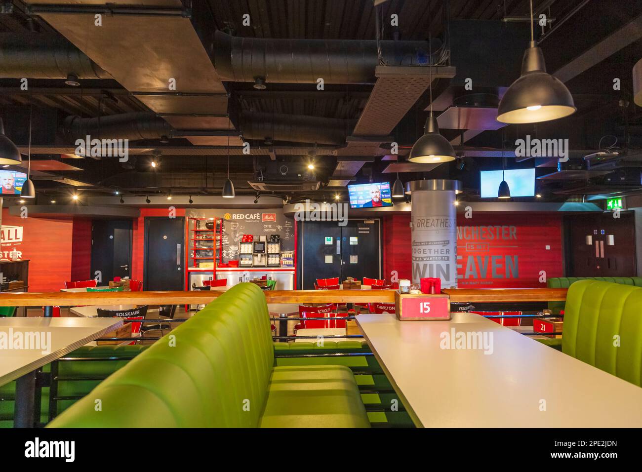 Interior of Red Cafe at Old Trafford, Home of Manchester United Stock