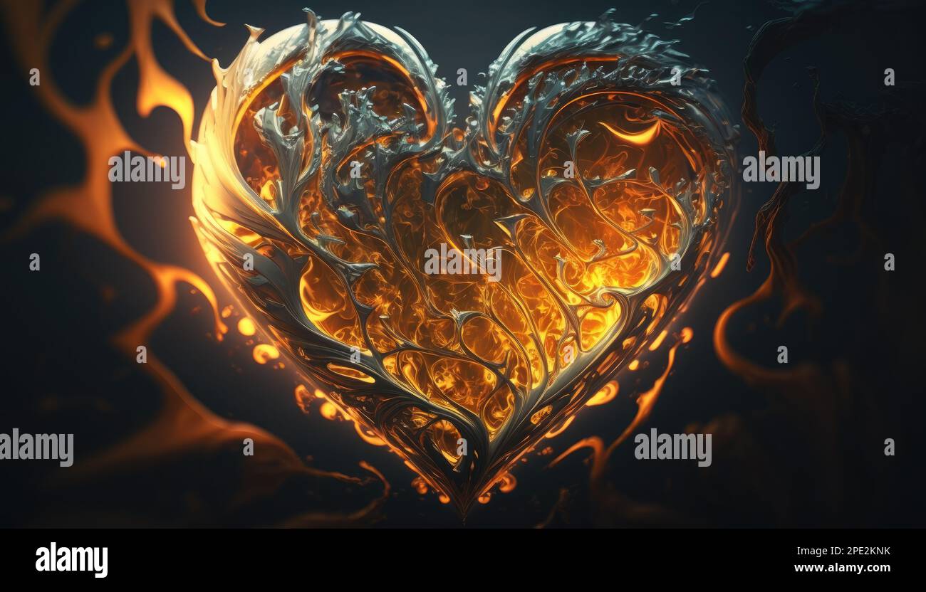 Burning Love. Heart on fire. Flames glowing with smoke. Abstract