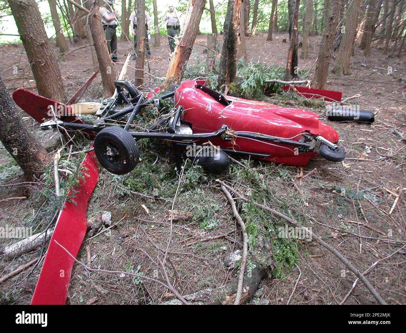 A gyrocopter that crashed in the woods in Highgate, Vt., is shown