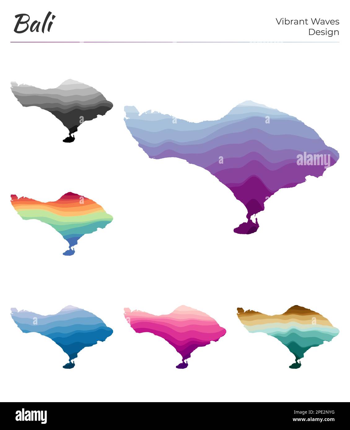 Set of vector maps of Bali. Vibrant waves design. Bright map of island ...