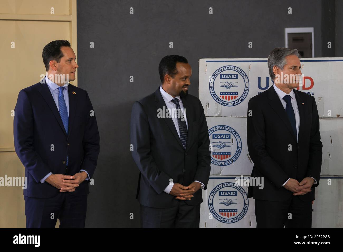 U.S. Secretary of State Antony Blinken, right, visits a U.N. Logistics