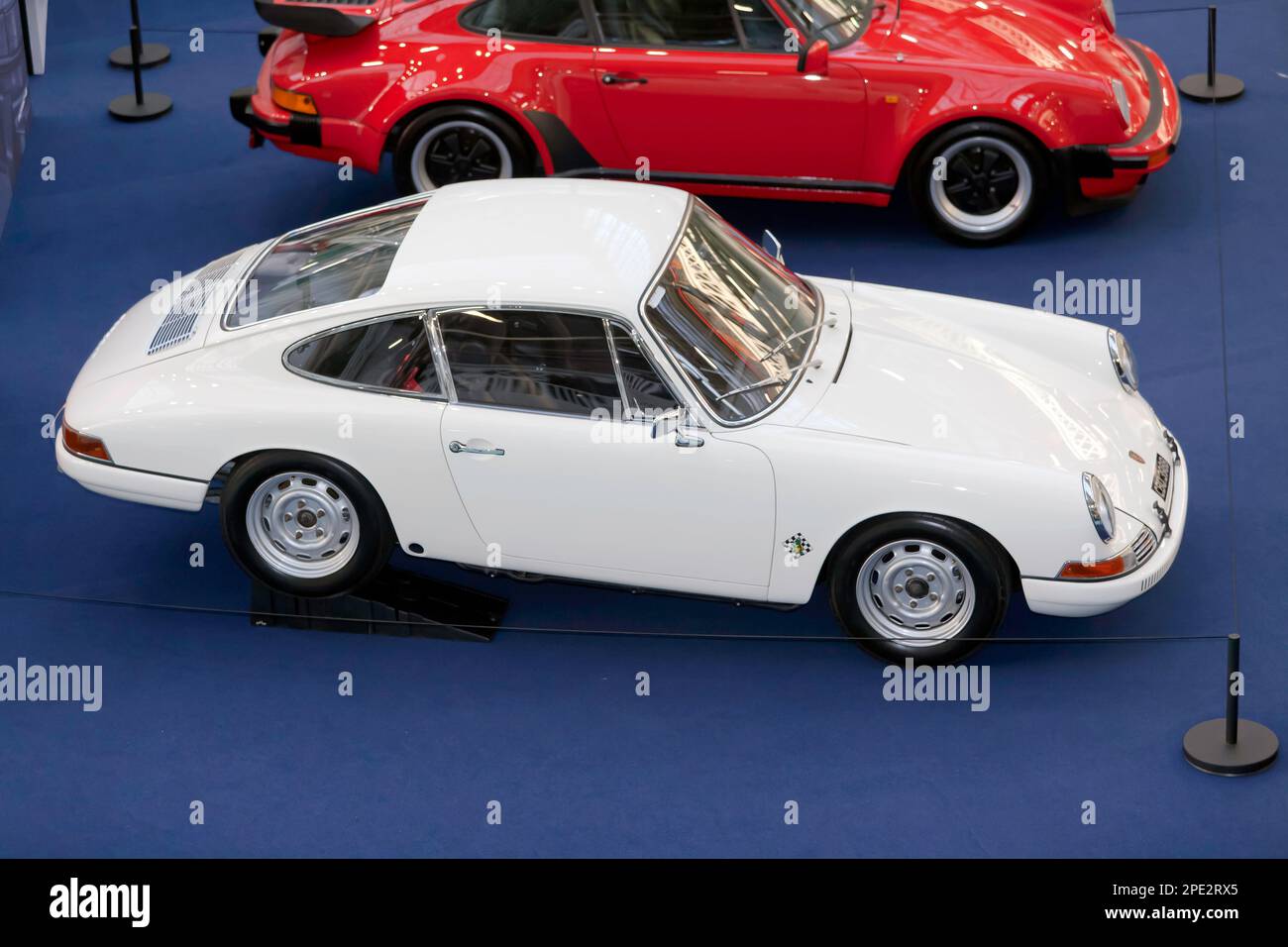 Aerial  View of a White, 1964, Porsche 911 (Type 901), on display at the 2023  London Classic Car Show Stock Photo