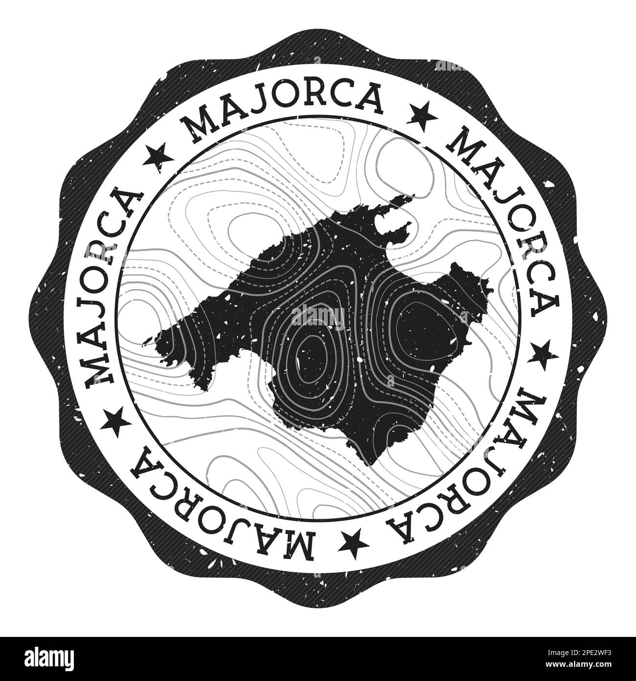 Majorca outdoor stamp. Round sticker with map of island with topographic isolines. Vector illustration. Stock Vector
