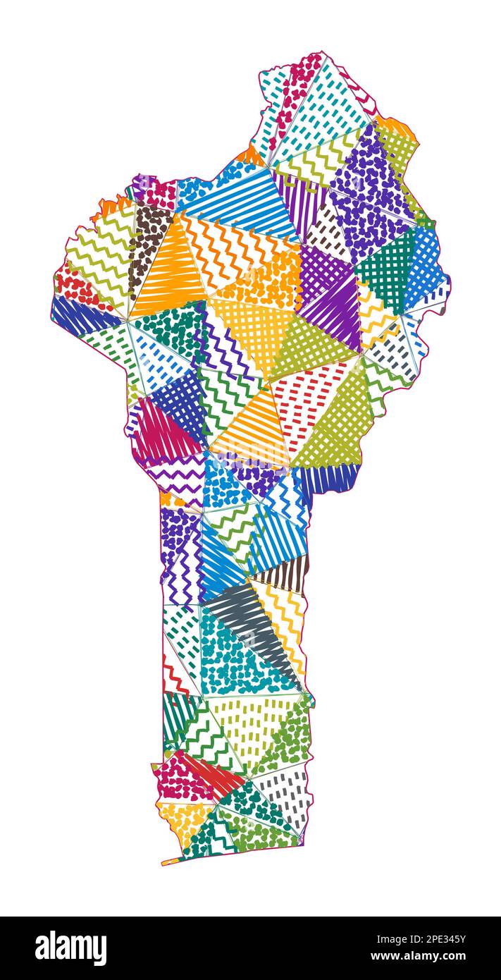 Kid style map of Benin. Hand drawn polygons in the shape of Benin. Vector illustration. Stock Vector