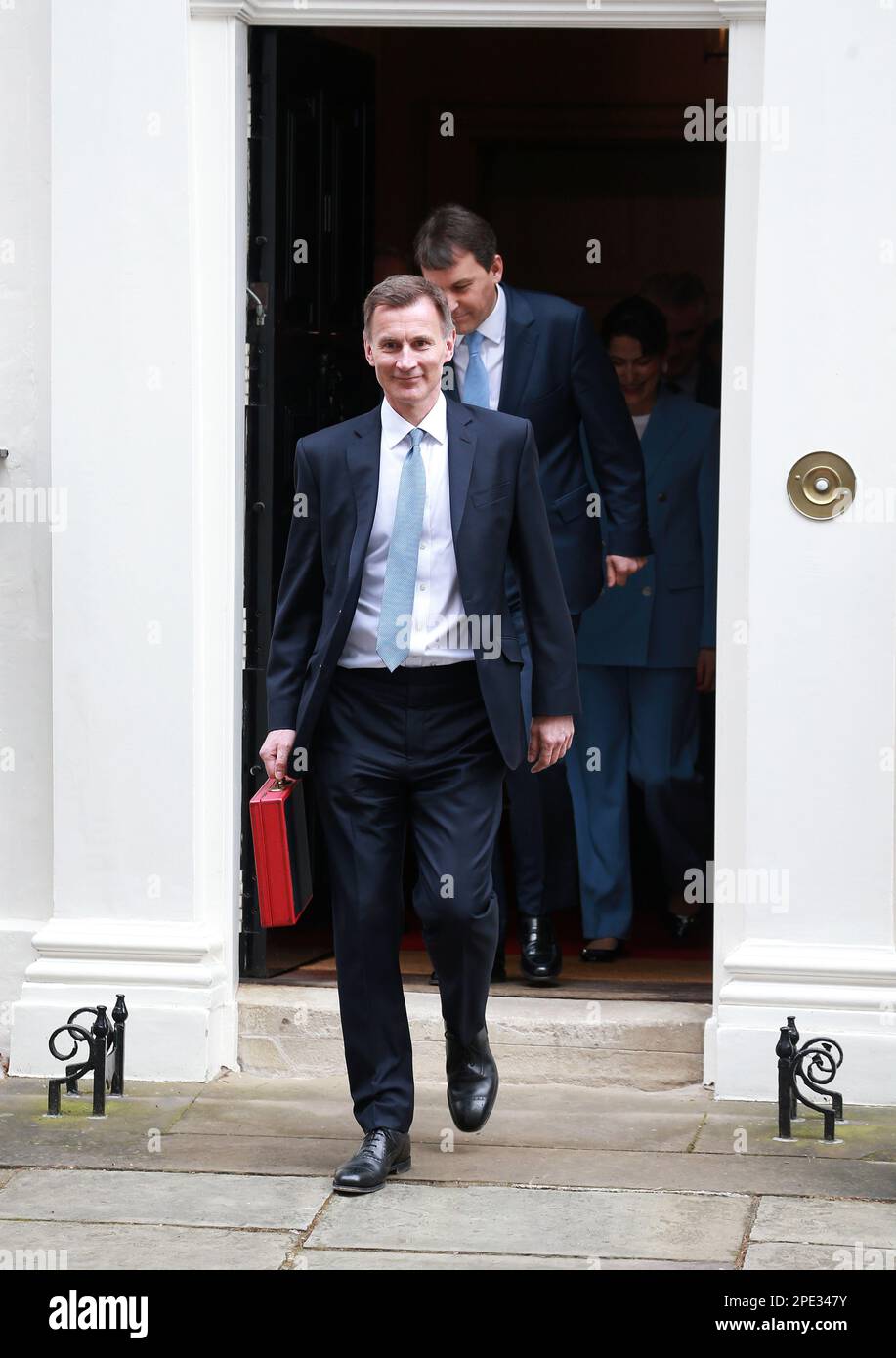 Jeremy Hunt leaves Downing Street with the despatch box to present his spring budget to parliament on March 15, 2023 in London, England. Stock Photo